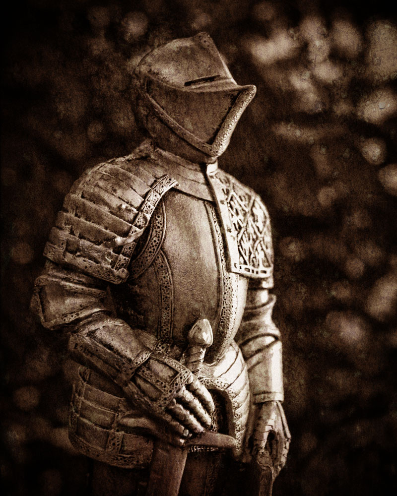 grainy black and white knight figurine