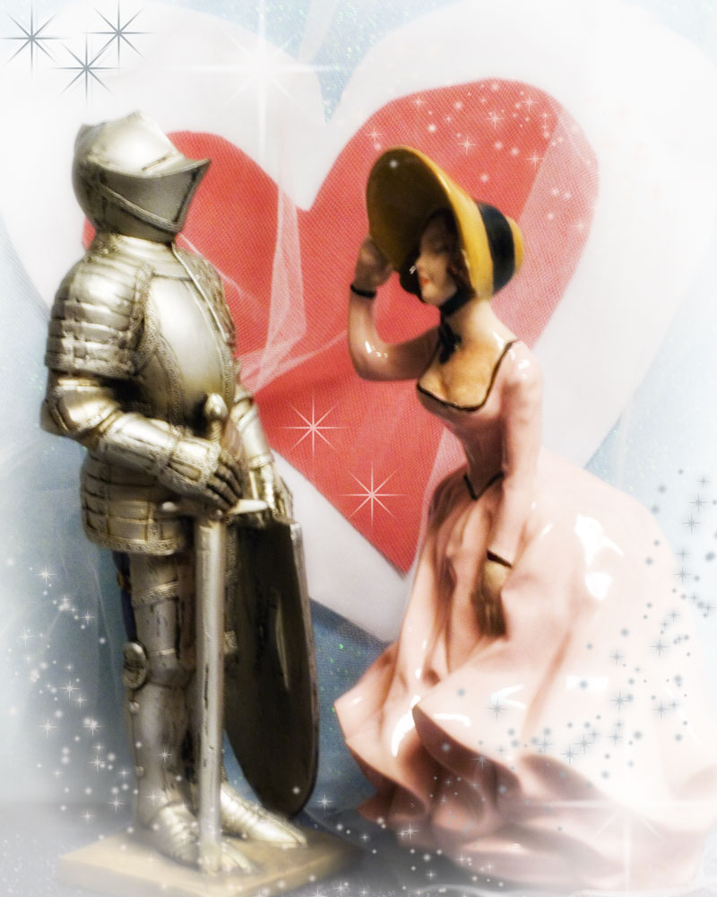 knight figure in front of heart with porcelain lady