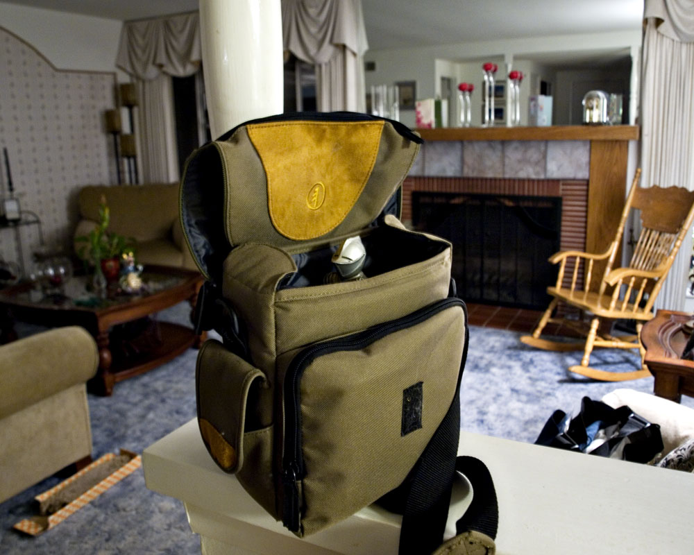 knight figure in camera bag