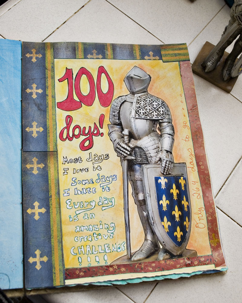 100 Days art journal page with picture of knight figure