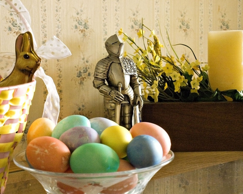 knight with bowl of easter eggs