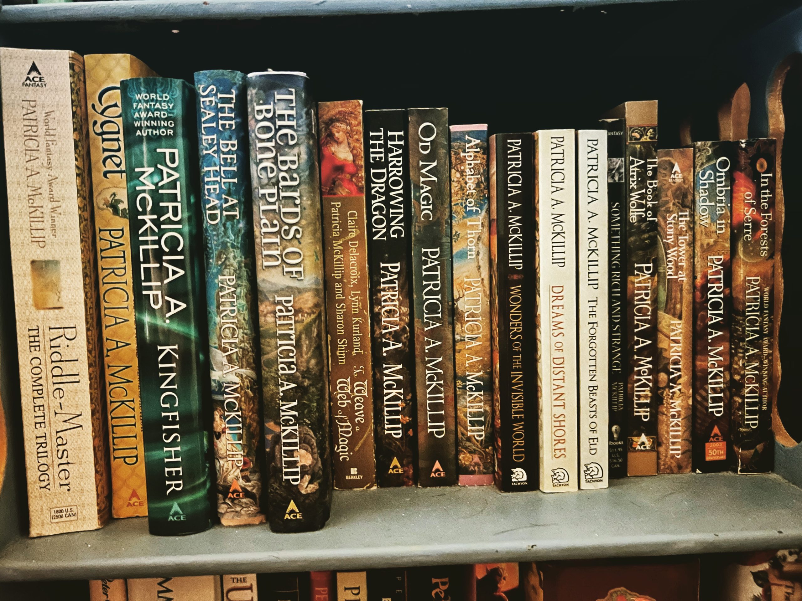 Bookshelf with all patrica k McKillip books