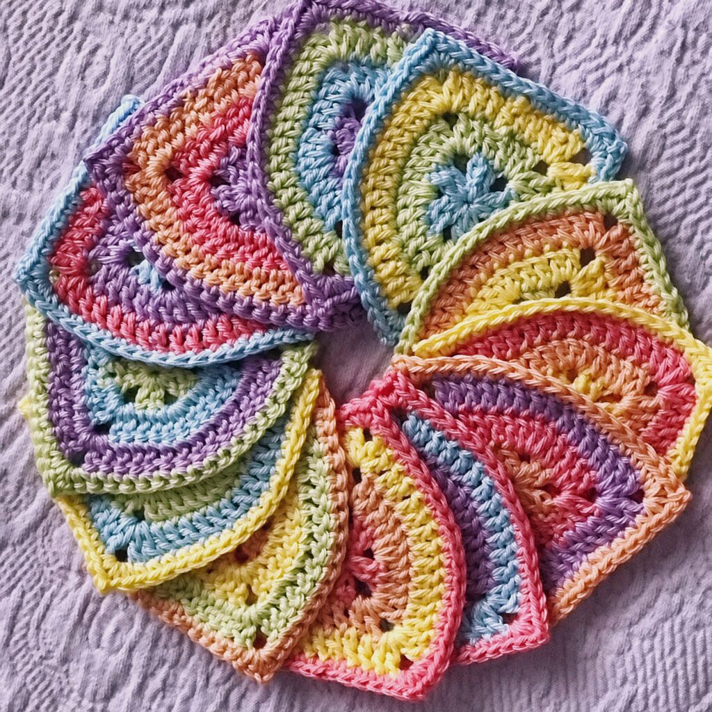 circle of small crocheted pennants in pastel rainbow colors