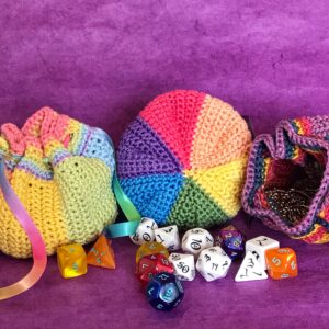 three rainbow dice bags