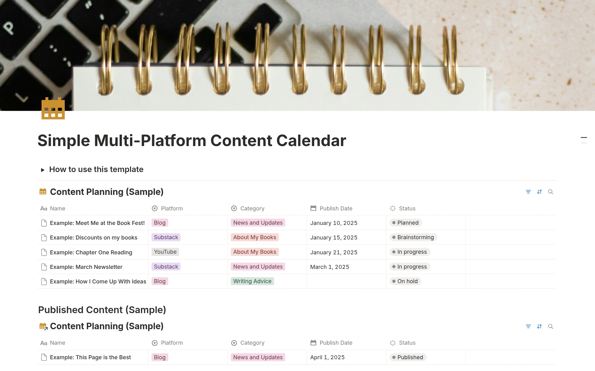 simple content calendar notion template screenshot