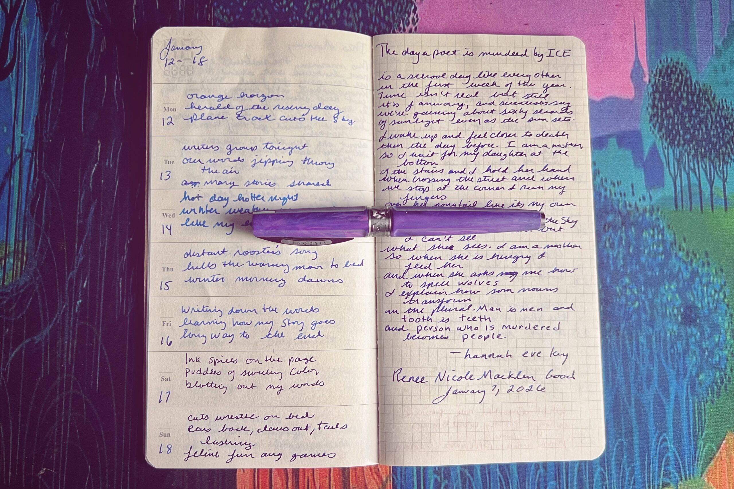 open notebook with purple Visconti fountain pen